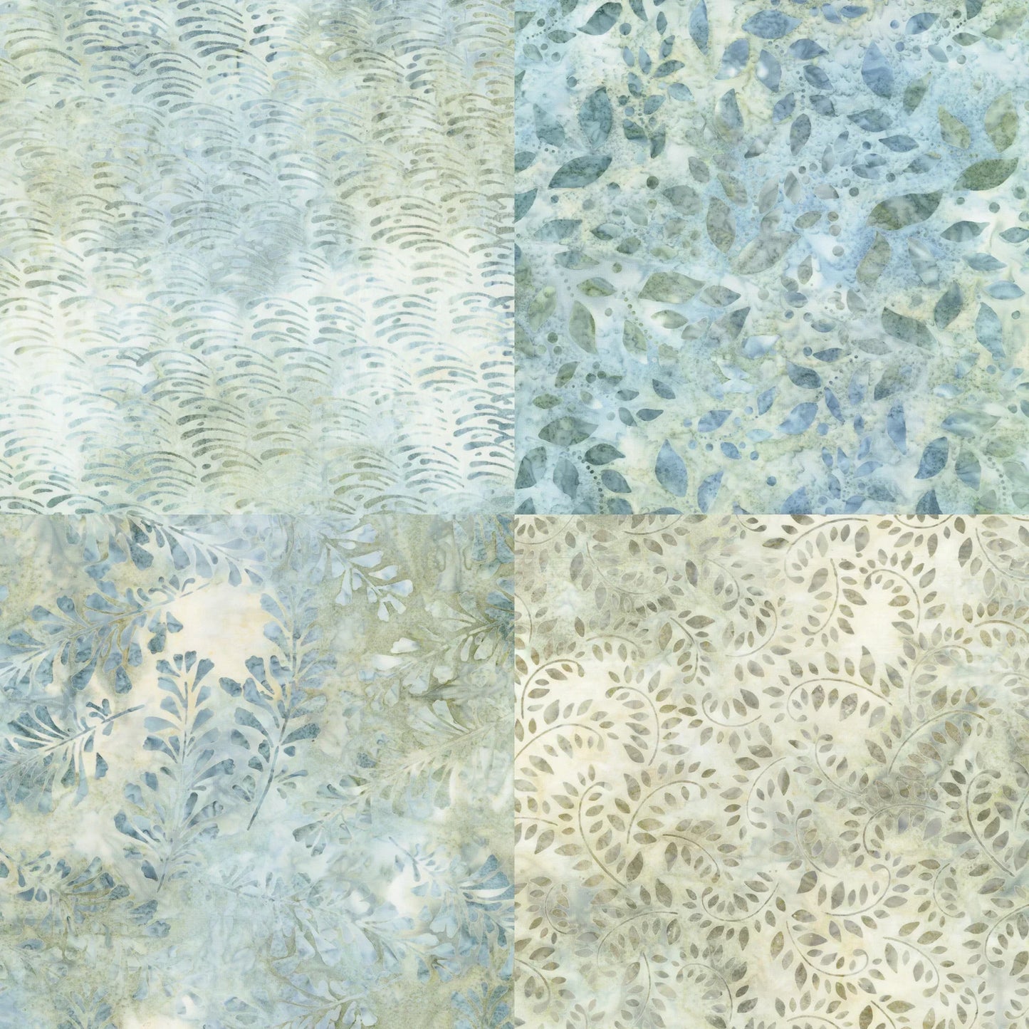 Patterned fabric swatches with blue, green, and tan colors.
