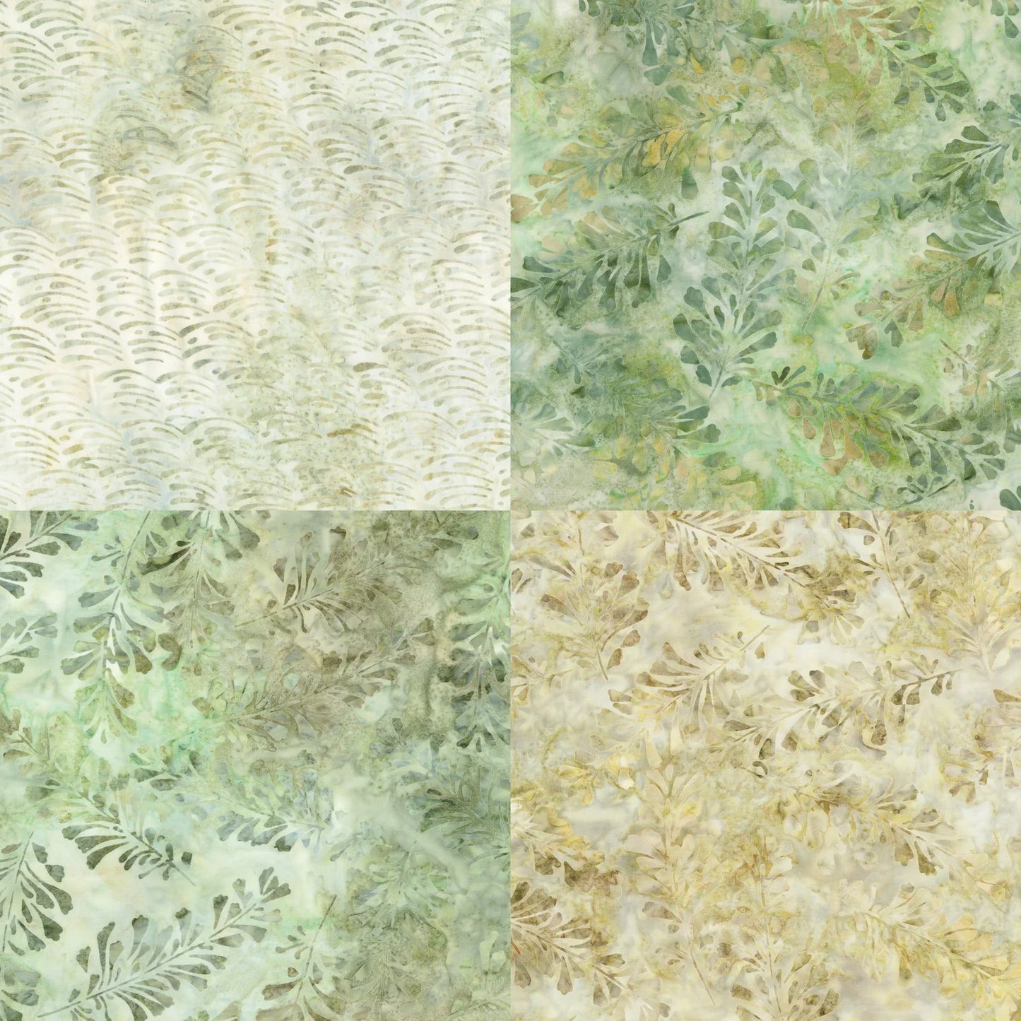 Patterned fabric swatches with tan and green tones