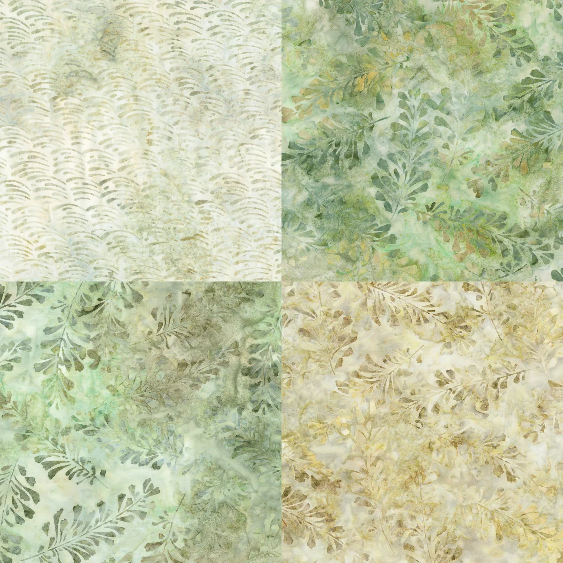 Patterned fabric swatches with tan and green tones