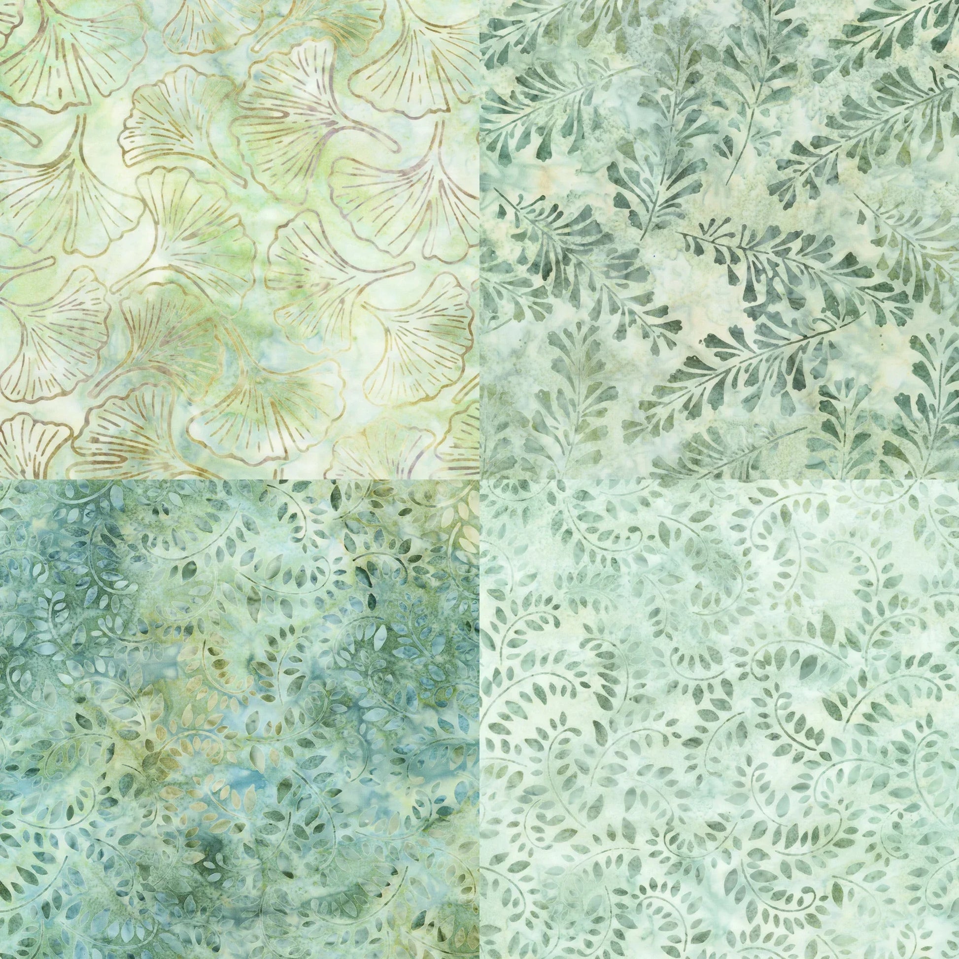 Patterned fabric swatches with teal and green tones