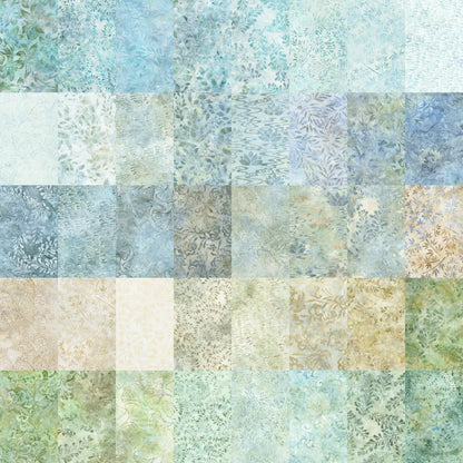 Patterned blue, green, and beige fabric swatches in a grid layout.