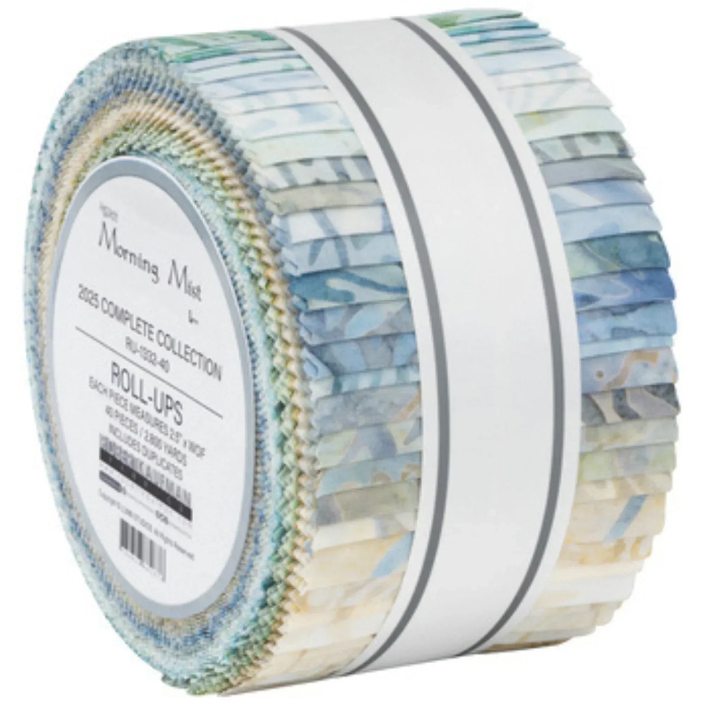 Roll of blue, tan, and green fabric strips on a white background