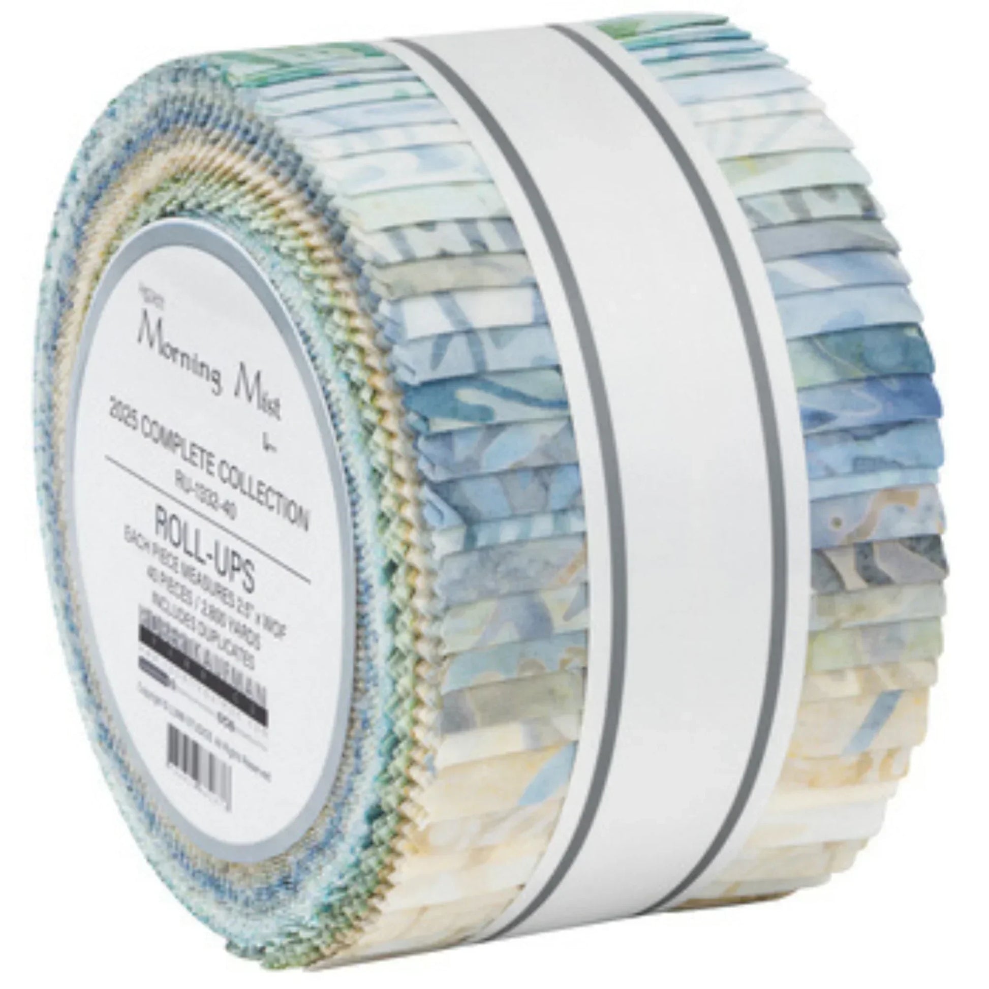 Roll of blue, tan, and green fabric strips on a white background