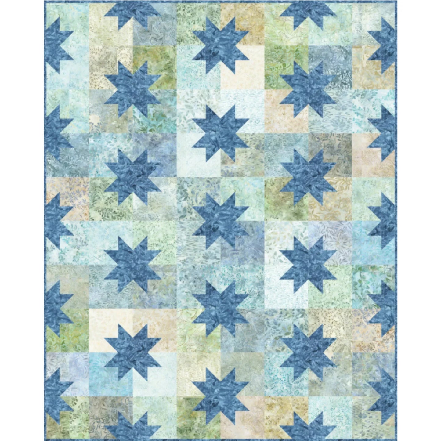 Quilt with star pattern in blue, green, and beige colors on a white background