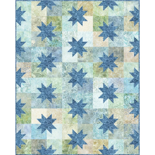 Quilt with star pattern in blue, green, and beige colors on a white background