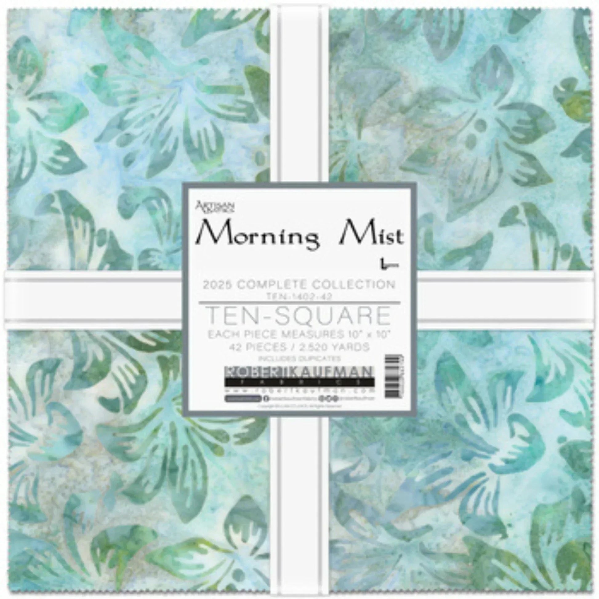 Pack of fabric squares with 'Morning Mist' label and teal floral pattern