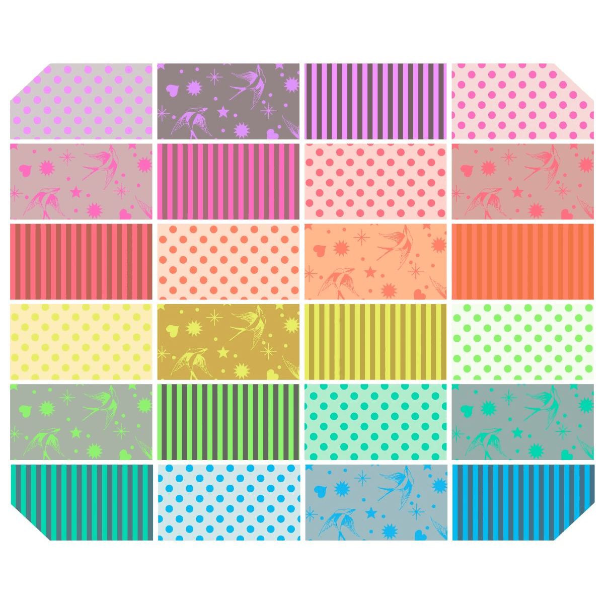 True Colors - Neon 5" Charm Pack contains 42 5″ squares of fabric with some prints duplicated.