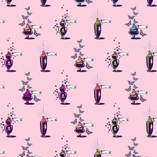 Pattern of decorative urns and jars on a pink background