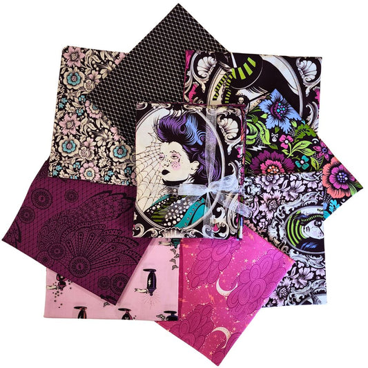 Nightshade (Deja Vu) Fat Stack Bundle contains 7 hand-cut fat quarters measuring approximately 18" x 21" plus a half-yard (18" x 43") of Nightshade Coven in Oleander.