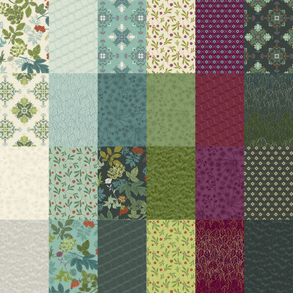 A grid of 24 fabric swatches showcasing various botanical and geometric patterns in muted shades of green, teal, purple, cream, and grey.
