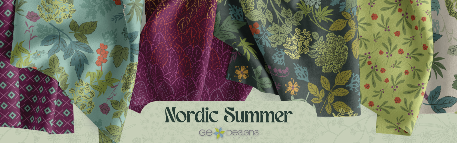 A fabric collection banner featuring multiple patterned textiles with floral and geometric designs in muted green, purple, gray, and yellow tones, with the text 'Nordic Summer' at the bottom.