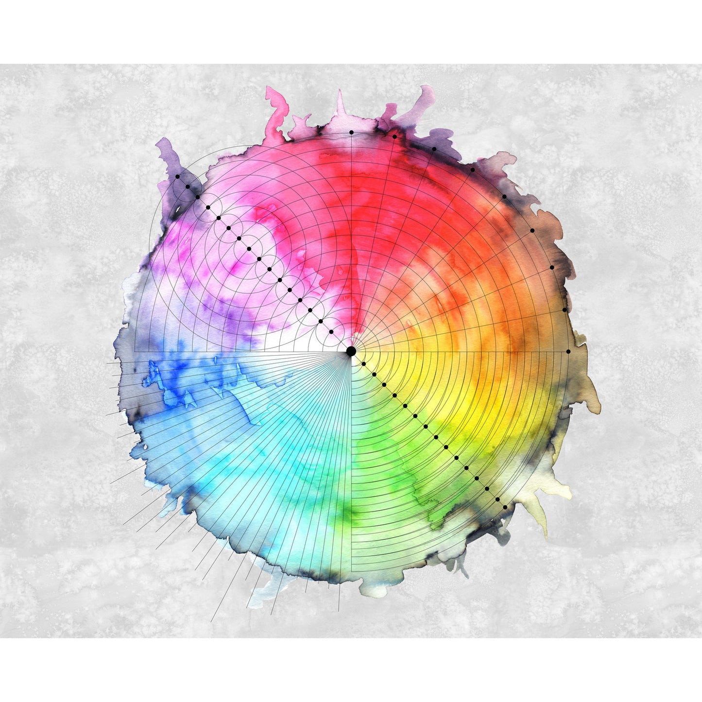 Color wheel with a blended gradient of colors on a textured grey background