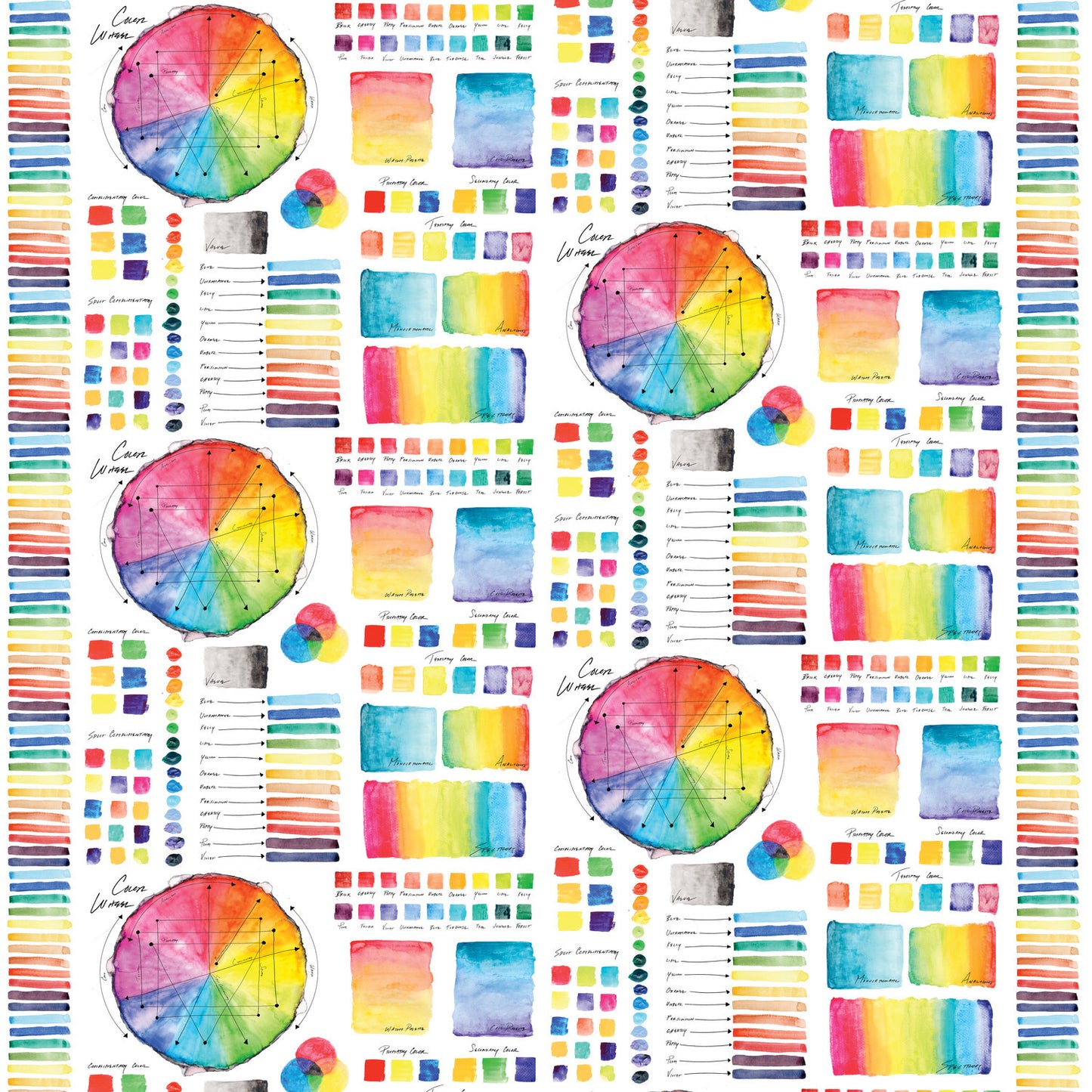 A repeating fabric pattern featuring watercolor color wheels, swatches, and vertical rainbow stripes on a white background.