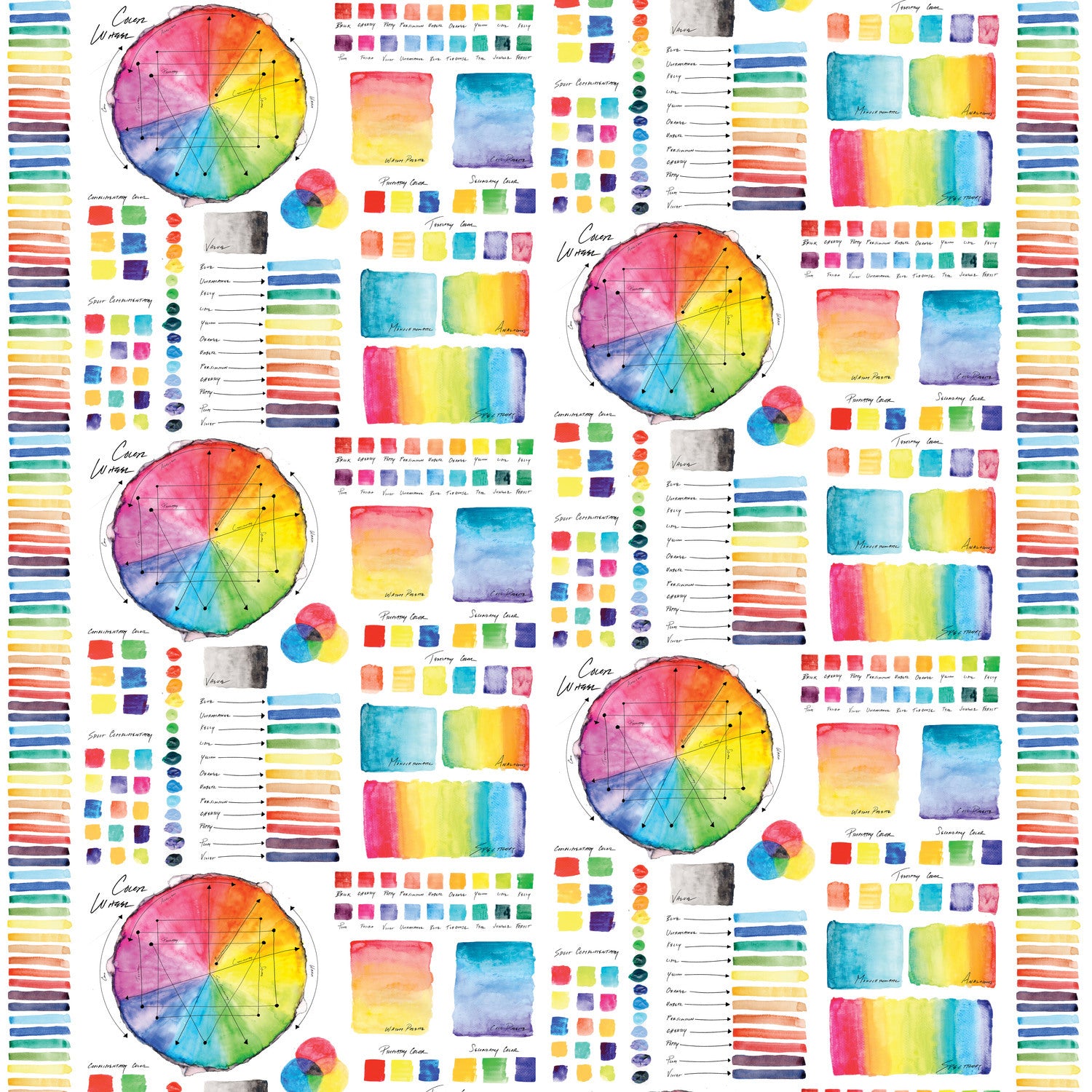 A repeating fabric pattern featuring watercolor color wheels, swatches, and vertical rainbow stripes on a white background.