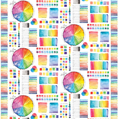 A repeating fabric pattern featuring watercolor color wheels, swatches, and vertical rainbow stripes on a white background.