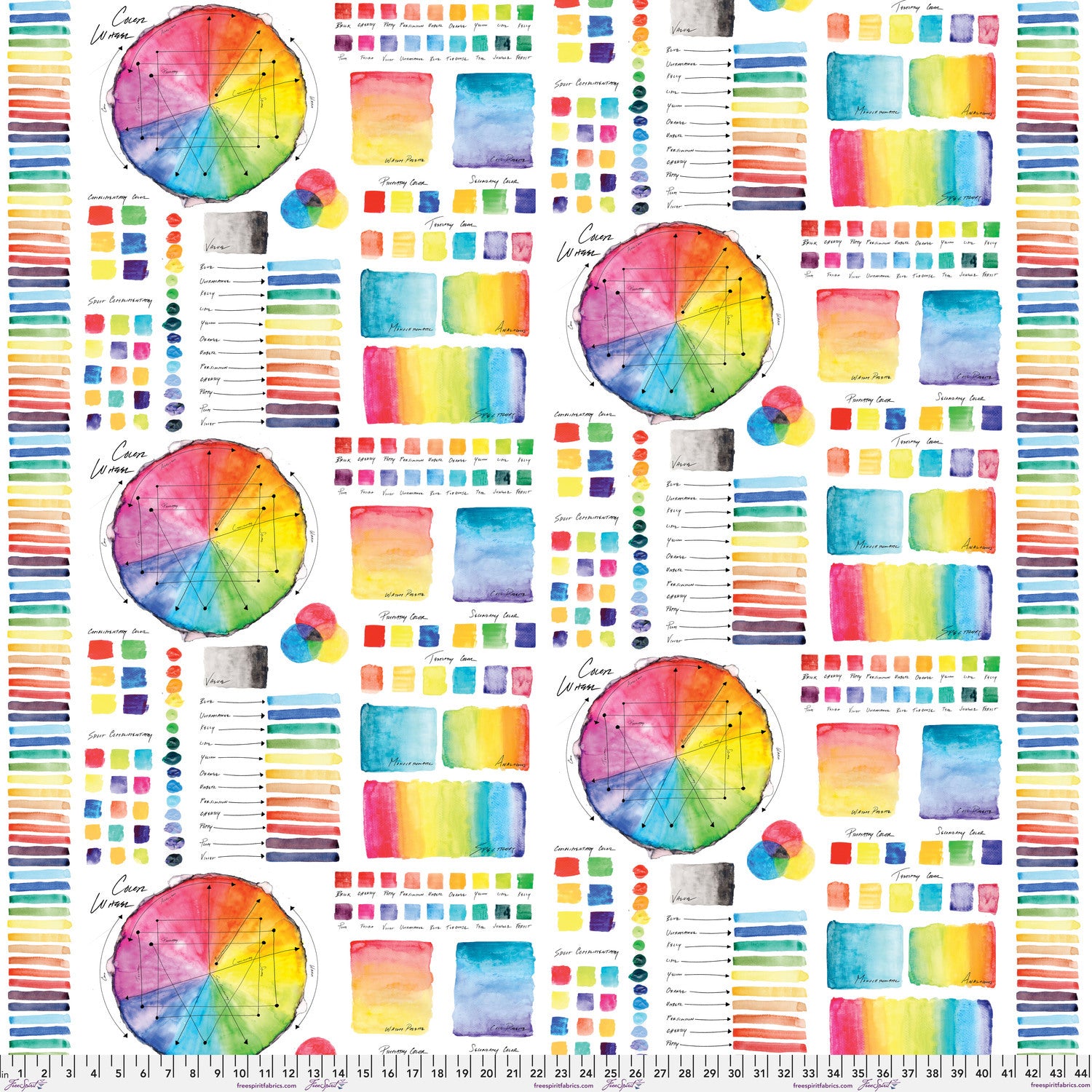 A repeating fabric pattern featuring watercolor color wheels, swatches, and vertical rainbow stripes on a white background, with a ruler for scale at the bottom.