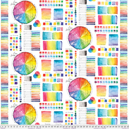 A repeating fabric pattern featuring watercolor color wheels, swatches, and vertical rainbow stripes on a white background, with a ruler for scale at the bottom.