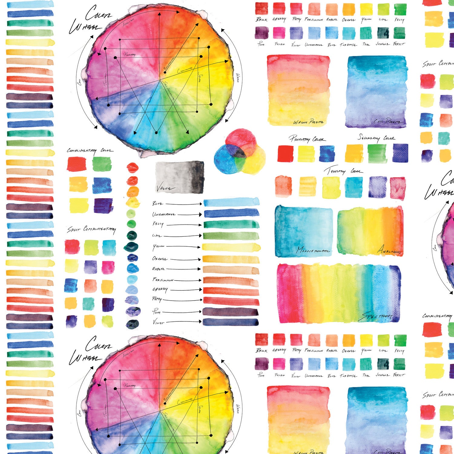 A watercolor swatch chart featuring circular color wheels, labeled color names, vertical paint swatches, and color blocks on a white background.