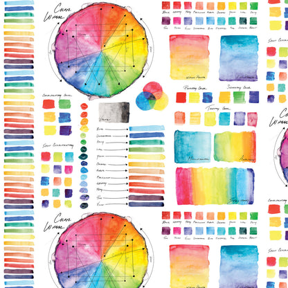 A watercolor swatch chart featuring circular color wheels, labeled color names, vertical paint swatches, and color blocks on a white background.