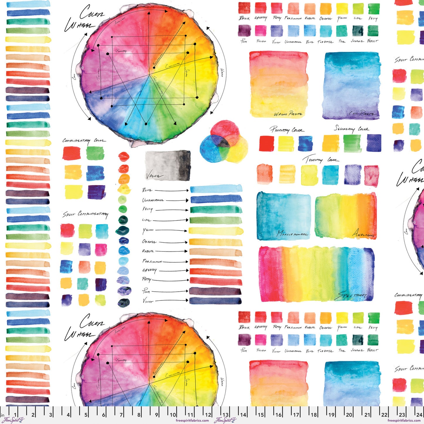 A watercolor swatch chart featuring circular color wheels, labeled color names, vertical paint swatches, and color blocks on a white background. Ruler at the bottom for scale.