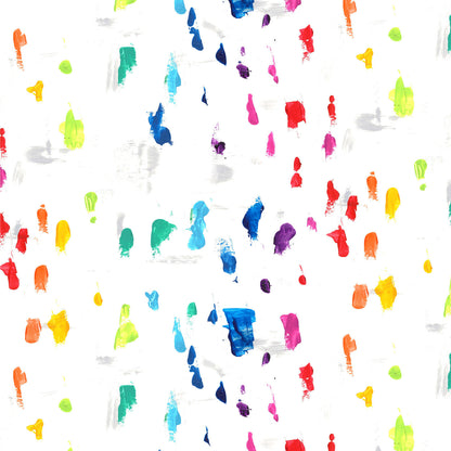 Colorful abstract paint splatter pattern on a white background