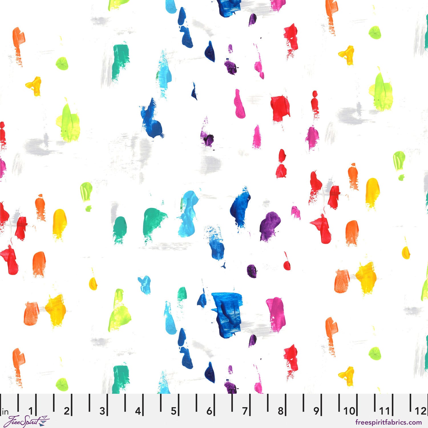 Colorful abstract paint splatter pattern on a white background with a ruler at the bottom for scale.