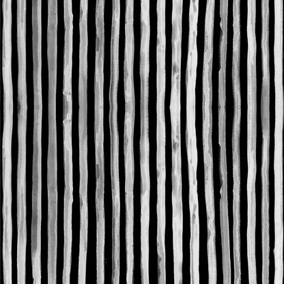 Vertical black and white striped fabric pattern with a textured, hand-painted look.
