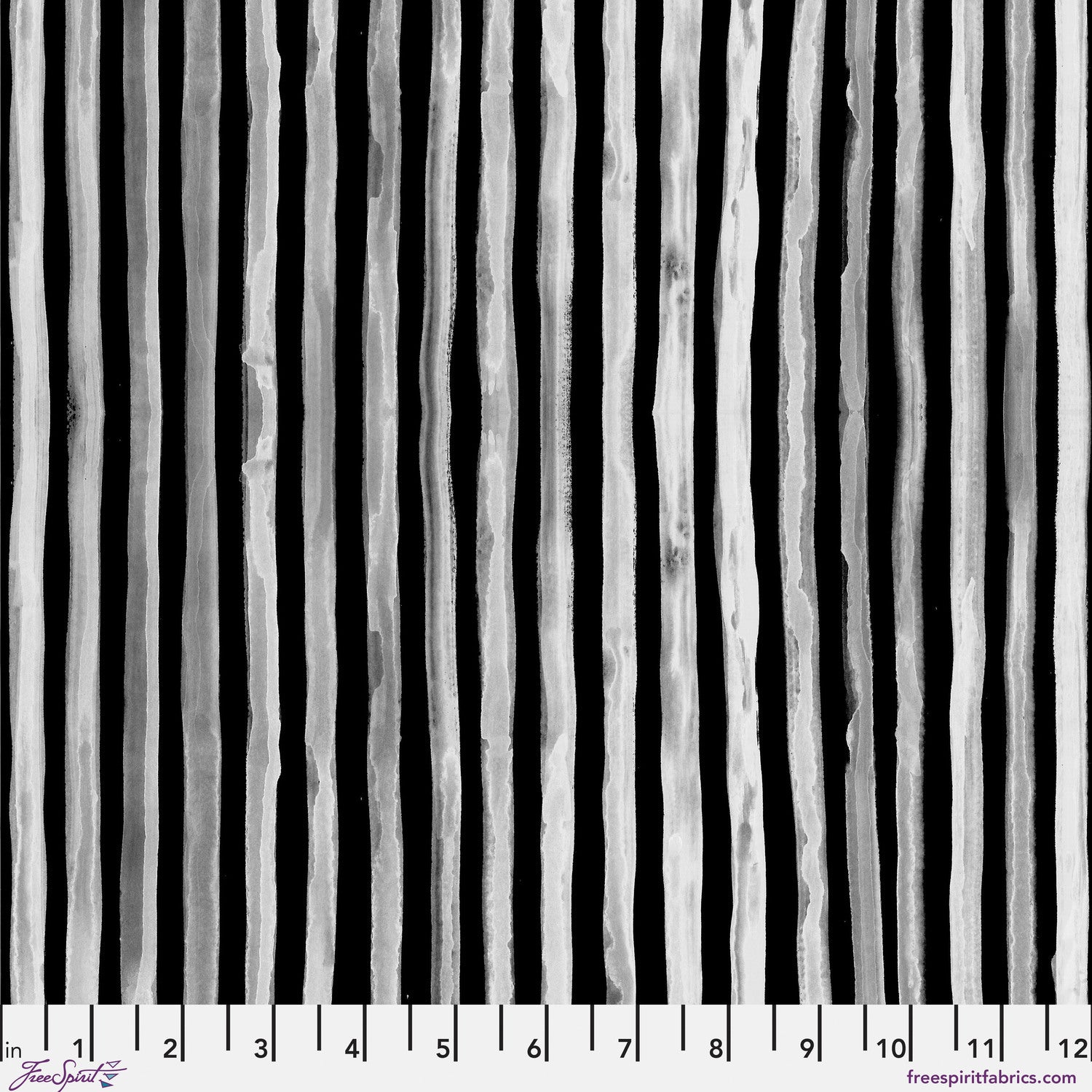 Vertical black and white striped fabric pattern with textured, hand-painted look and a ruler at the bottom for scale.