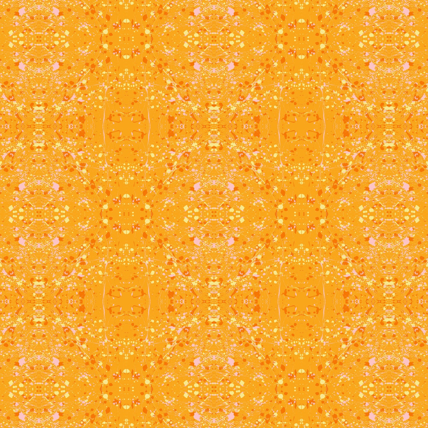 A seamless repeating fabric pattern featuring a symmetrical, kaleidoscopic design in vibrant orange, yellow, and soft pink tones.