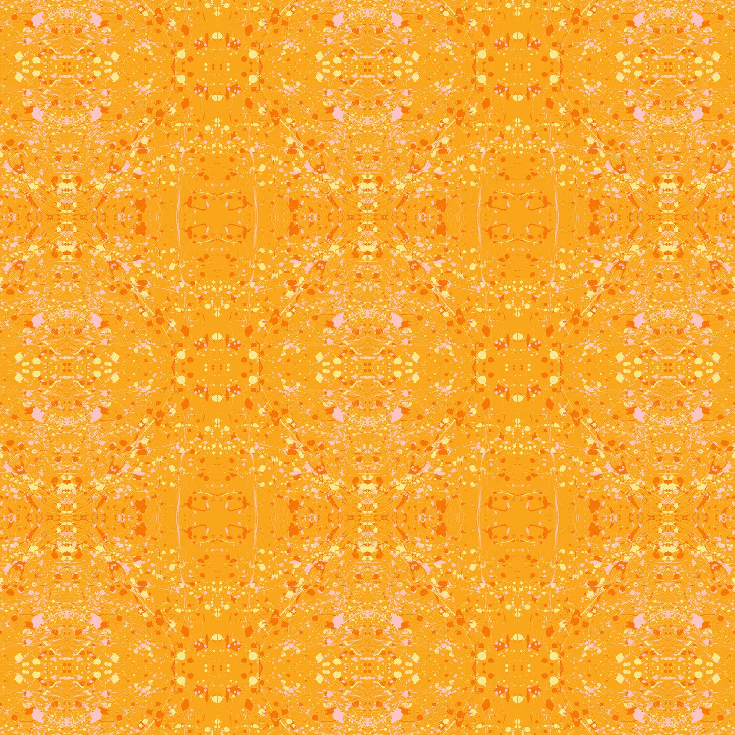 A seamless repeating fabric pattern featuring a symmetrical, kaleidoscopic design in vibrant orange, yellow, and soft pink tones.