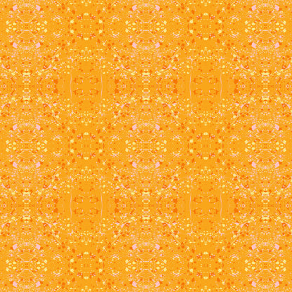 A seamless repeating fabric pattern featuring a symmetrical, kaleidoscopic design in vibrant orange, yellow, and soft pink tones.