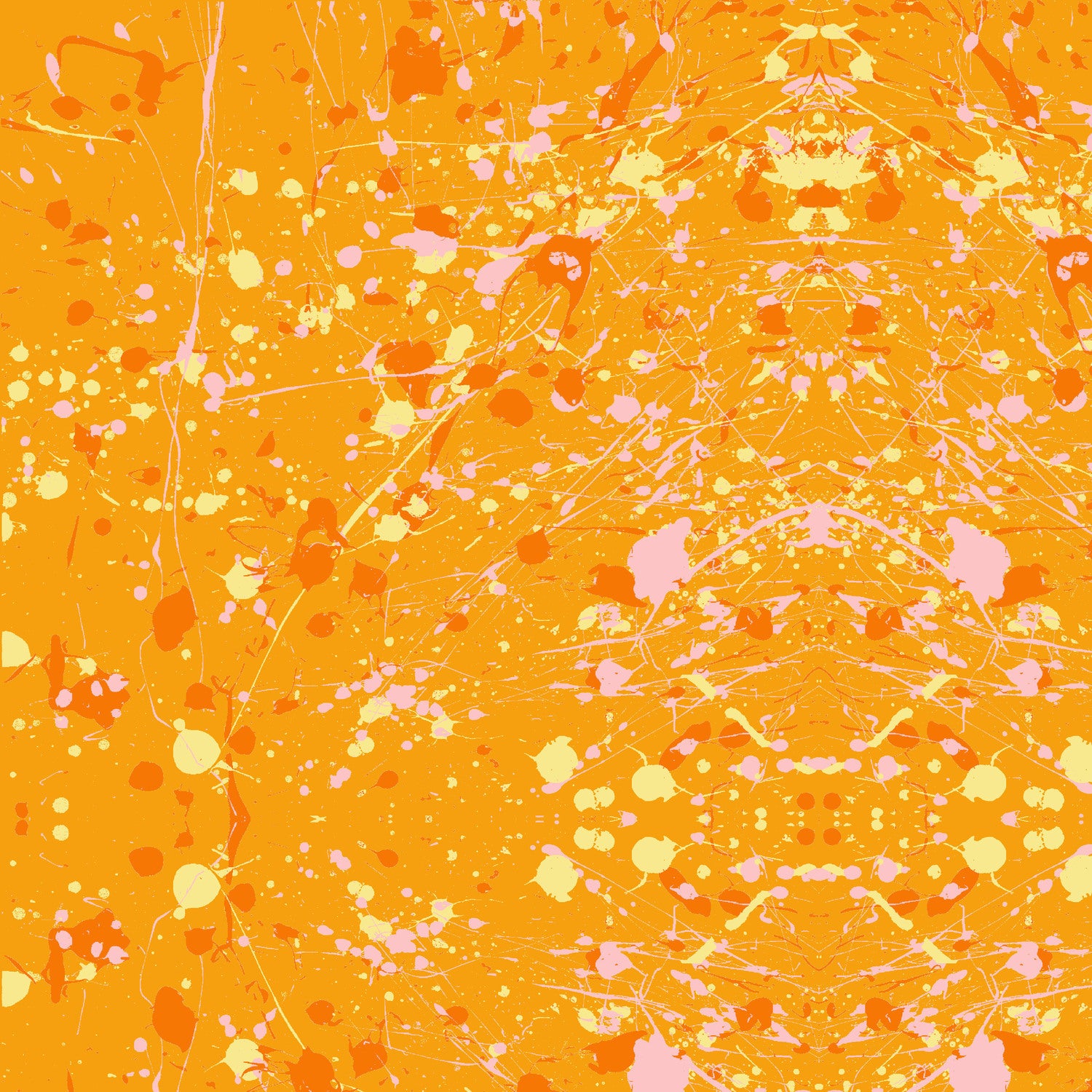 Abstract paint-splatter fabric pattern in bright orange, with scattered pink and yellow splashes and drips.