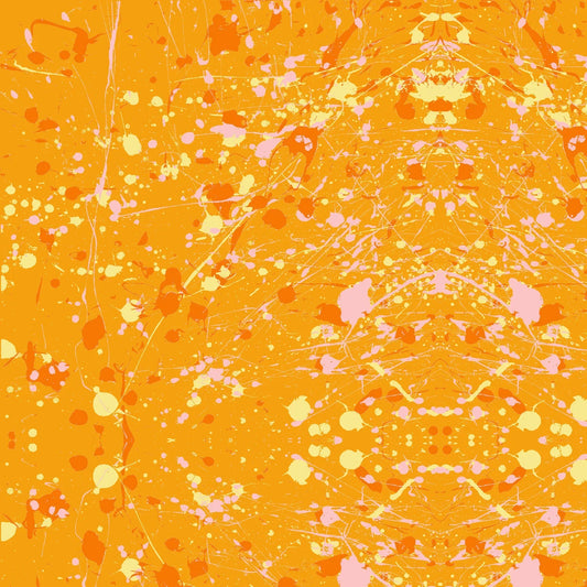 Abstract paint-splatter fabric pattern in bright orange, with scattered pink and yellow splashes and drips.
