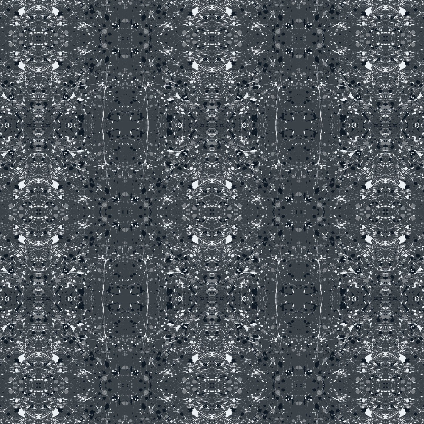 A seamless abstract fabric pattern featuring symmetrical, kaleidoscopic motifs in black, grey, and white.