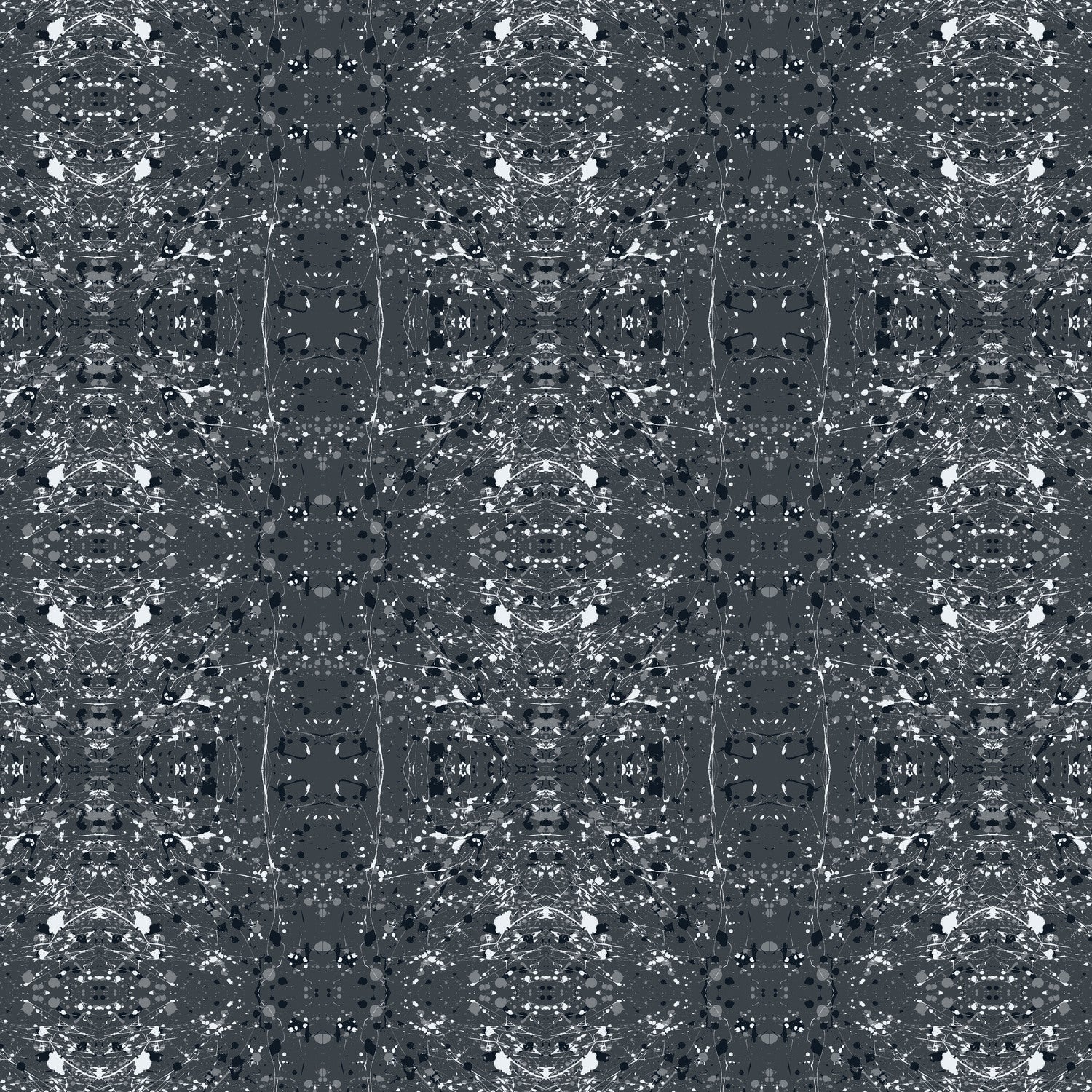 A seamless abstract fabric pattern featuring symmetrical, kaleidoscopic motifs in black, grey, and white.