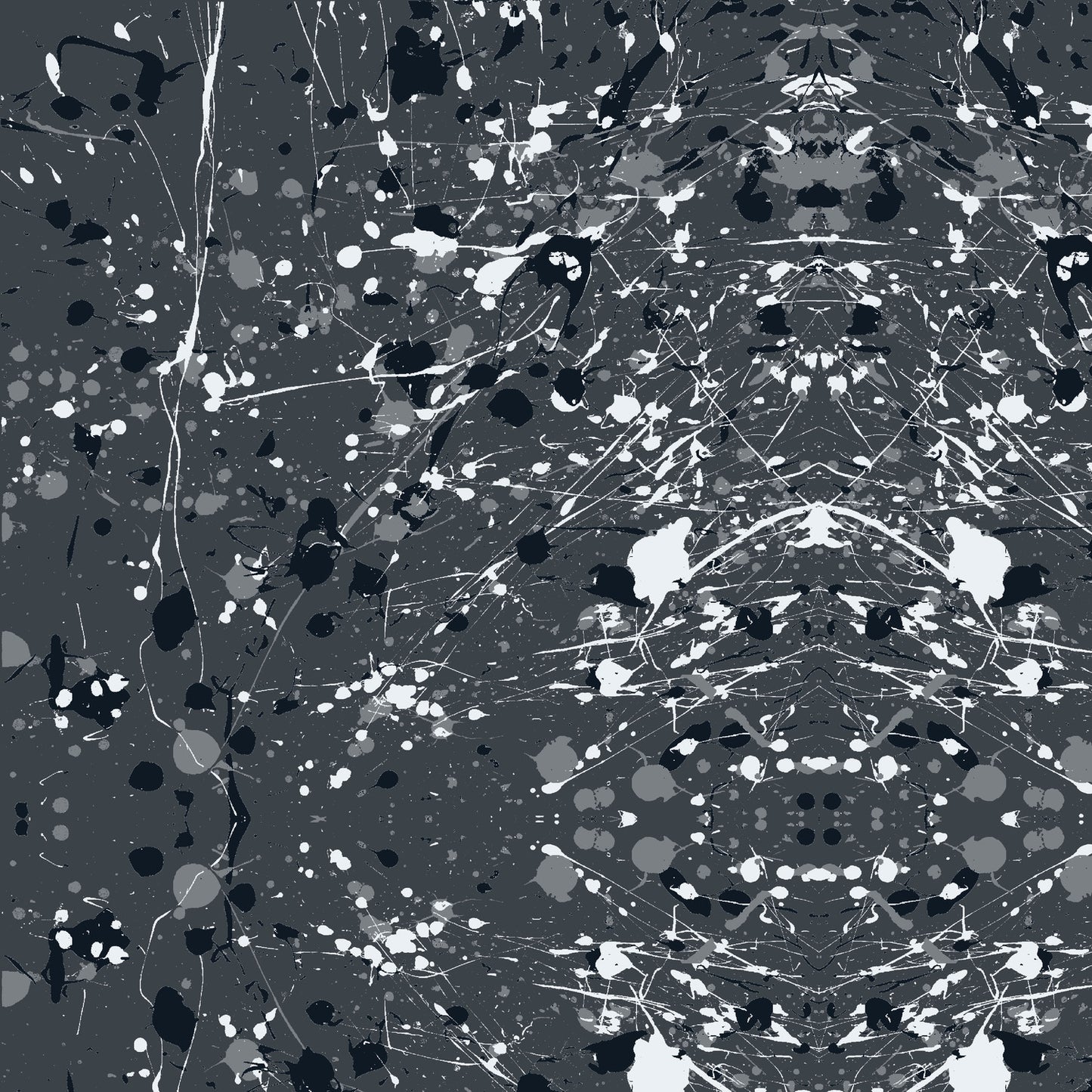 Abstract paint-splatter fabric pattern in charcoal grey, with scattered black and white splashes and drips.