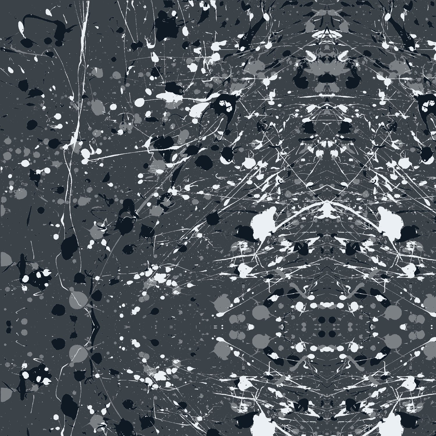 Abstract paint-splatter fabric pattern in charcoal grey, with scattered black and white splashes and drips.