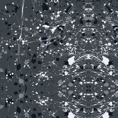 Abstract paint-splatter fabric pattern in charcoal grey, with scattered black and white splashes and drips.