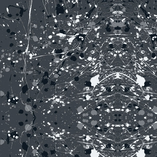 Abstract paint-splatter fabric pattern in charcoal grey, with scattered black and white splashes and drips.