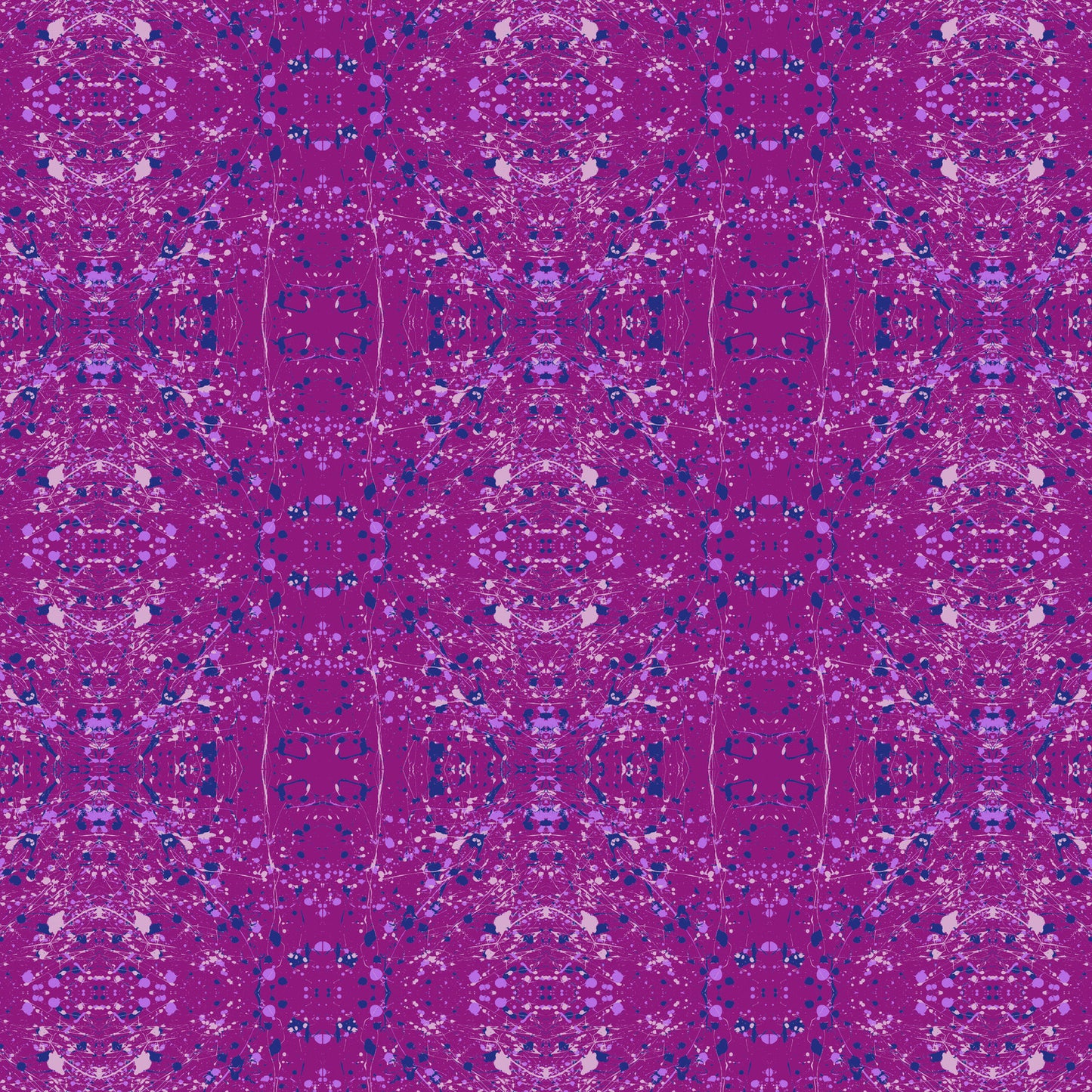A seamless repeating fabric pattern featuring a symmetrical, kaleidoscopic design in vibrant purple, lavender, and navy blue tones.
