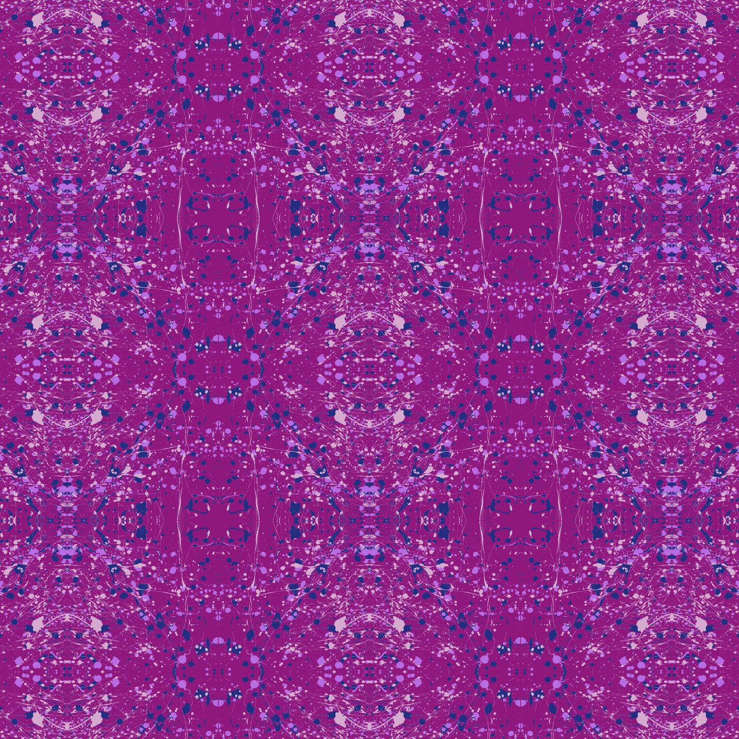 A seamless repeating fabric pattern featuring a symmetrical, kaleidoscopic design in vibrant purple, lavender, and navy blue tones.