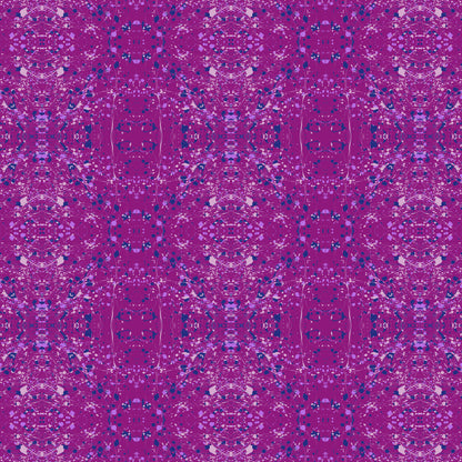 A seamless repeating fabric pattern featuring a symmetrical, kaleidoscopic design in vibrant purple, lavender, and navy blue tones.