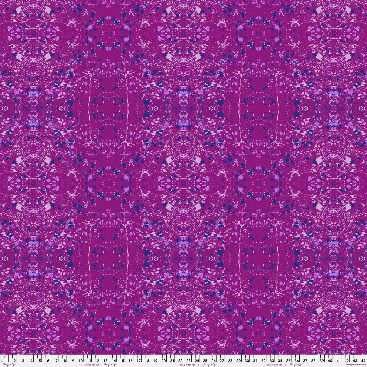 A seamless repeating fabric pattern featuring a symmetrical, kaleidoscopic design in vibrant purple, lavender, and navy blue tones. Ruler at the bottom for scale.