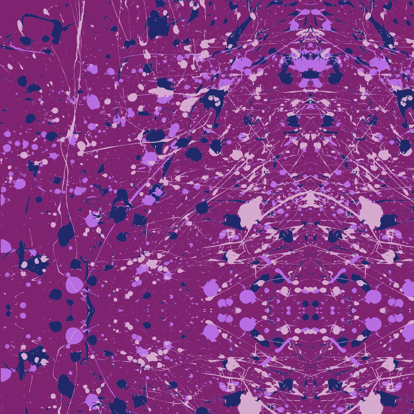Abstract paint-splatter fabric pattern in bright purple, with scattered lavender and navy splashes and drips.