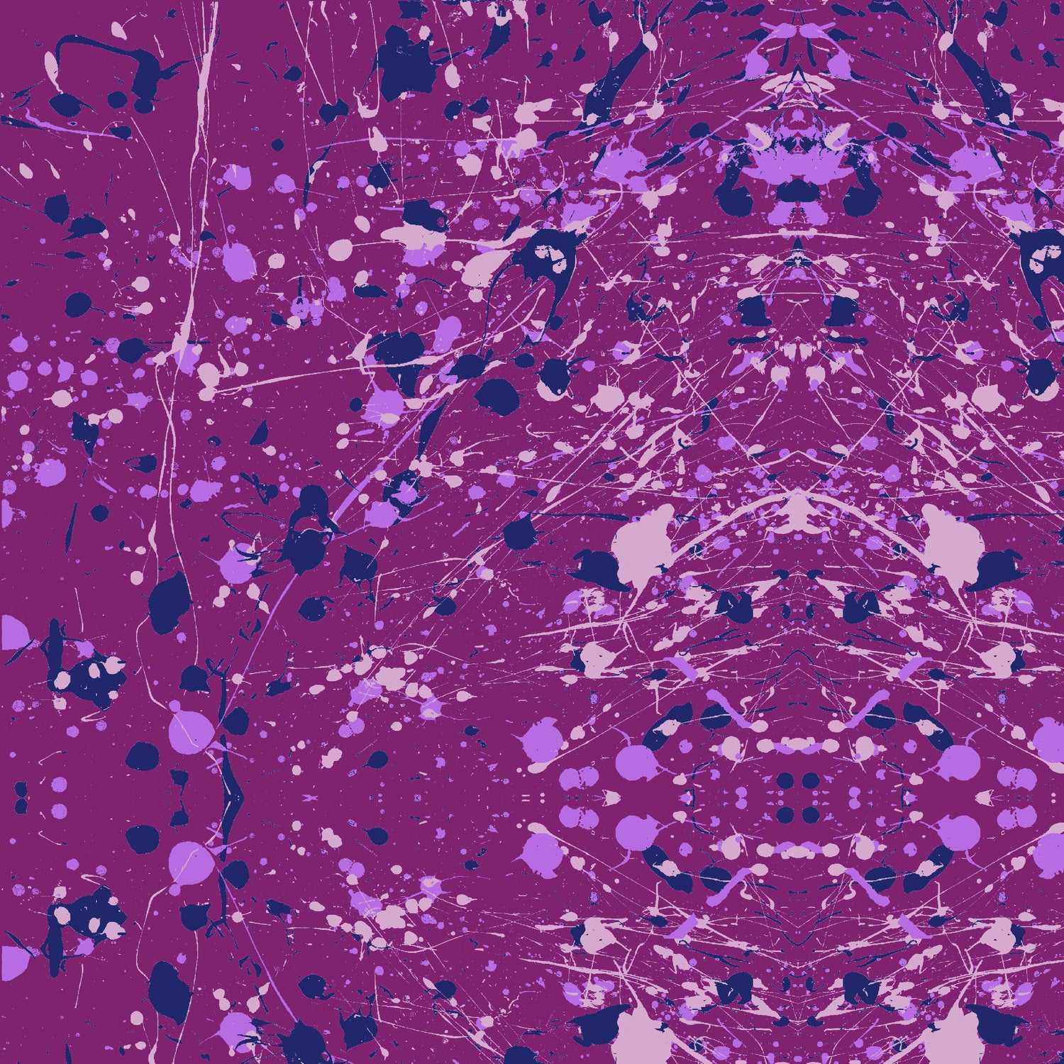 Abstract paint-splatter fabric pattern in bright purple, with scattered lavender and navy splashes and drips.