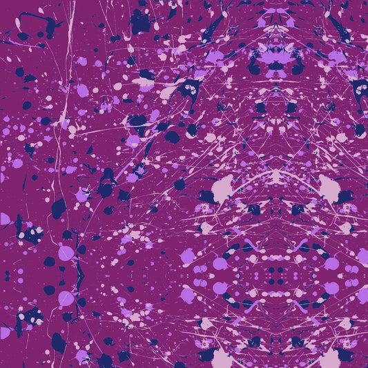 Abstract paint-splatter fabric pattern in bright purple, with scattered lavender and navy splashes and drips.