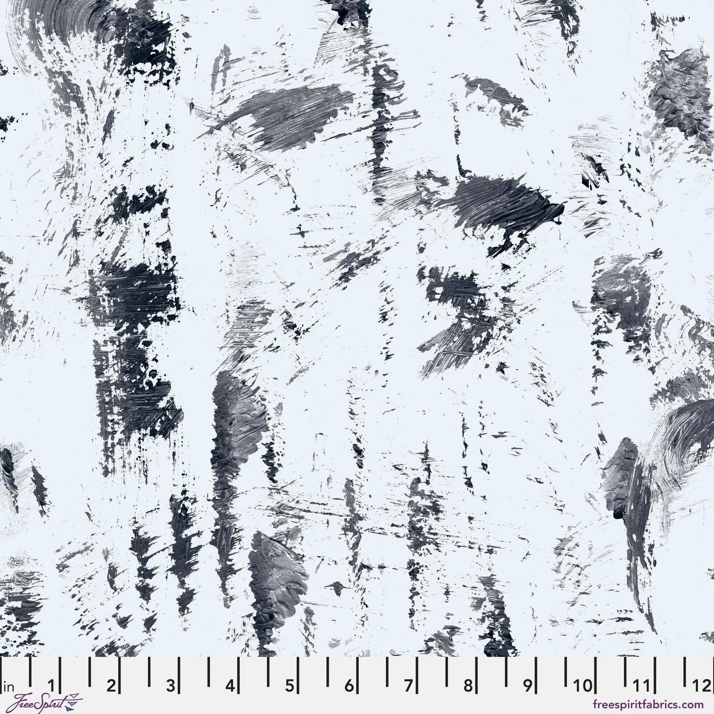 Fabric pattern featuring abstract black and white brushstrokes with a ruler at the bottom for scale.