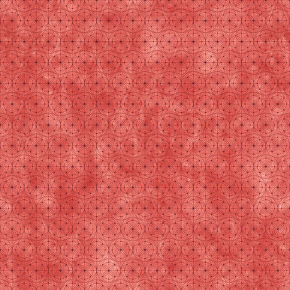 Fabric with a delicate allover geometric pattern of interlocking circles and starburst motifs on a tomato-red background