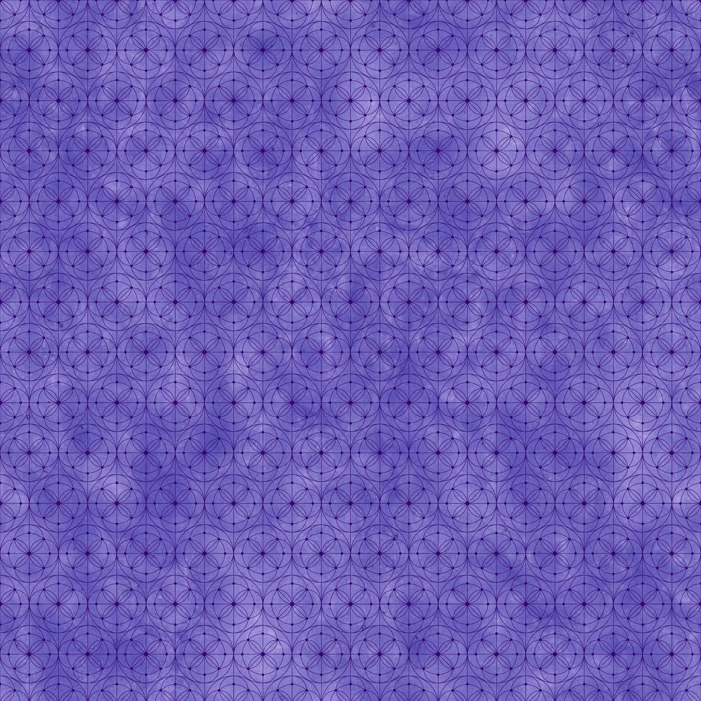Fabric with a delicate allover geometric pattern of interlocking circles and starburst motifs on a mottled periwinkle-purple background.