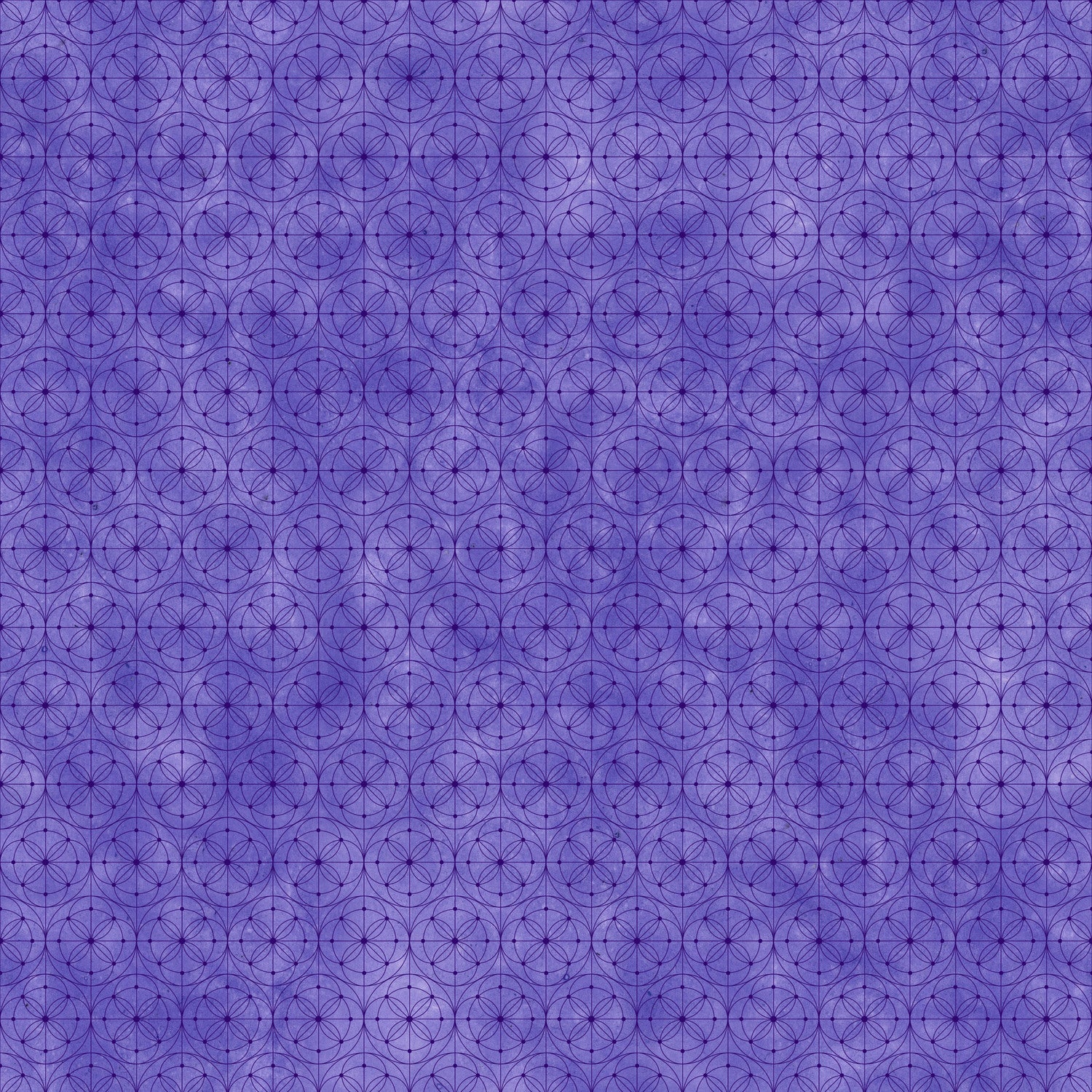 Fabric with a delicate allover geometric pattern of interlocking circles and starburst motifs on a mottled periwinkle-purple background.